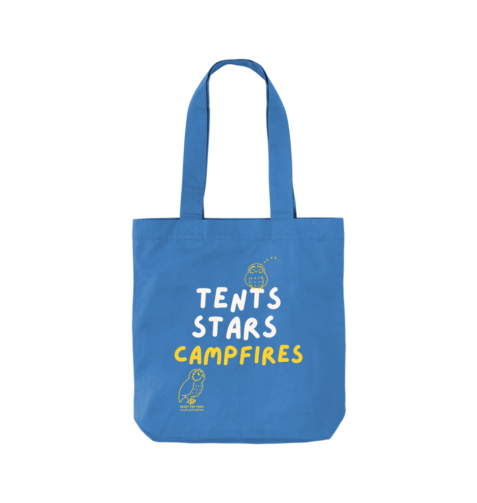 Great Oak Farm Blue Tents Stars Campfires Tote