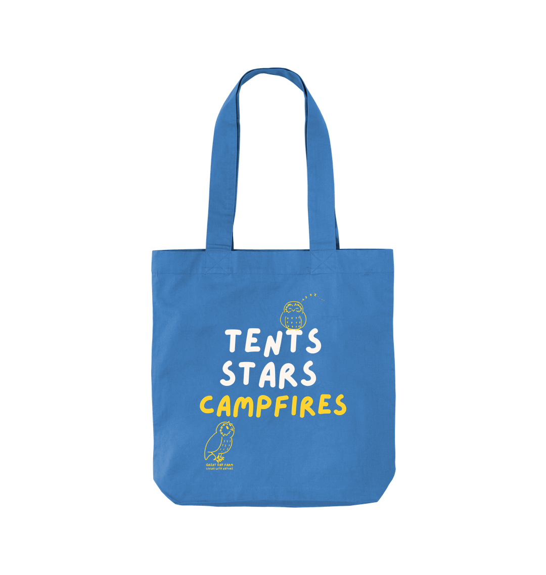 Great Oak Farm Blue Tents Stars Campfires Tote
