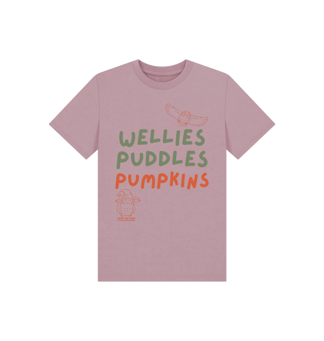 Great Oak Farm Mauve Wellies Puddles Pumpkins T-shirt