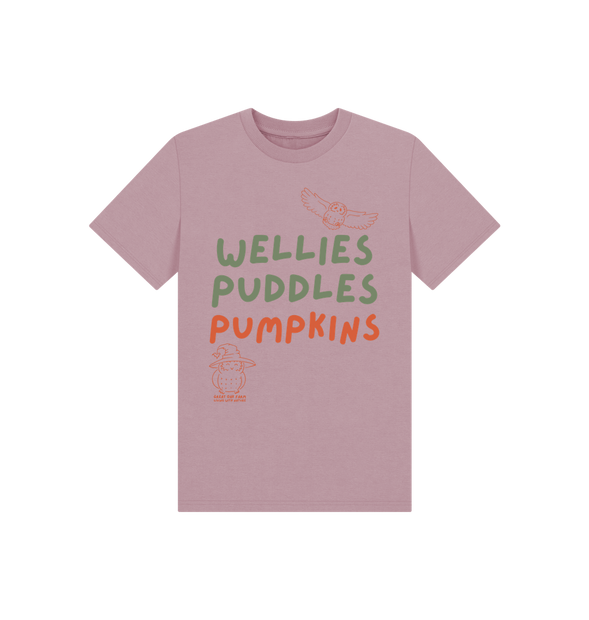 Great Oak Farm Mauve Wellies Puddles Pumpkins T-shirt