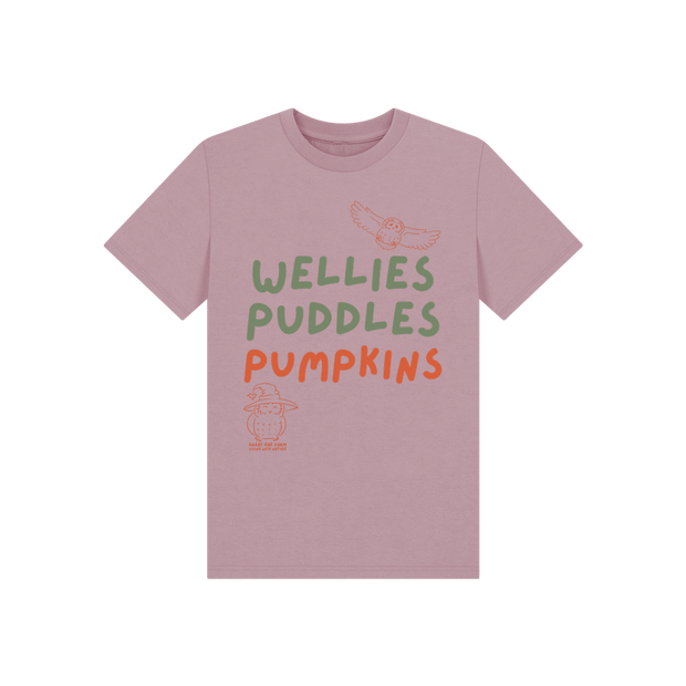 Great Oak Farm Mauve Wellies Puddles Pumpkins T-shirt