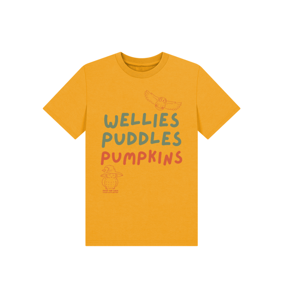 Great Oak Farm Mustard Wellies Puddles Pumpkins T-shirt