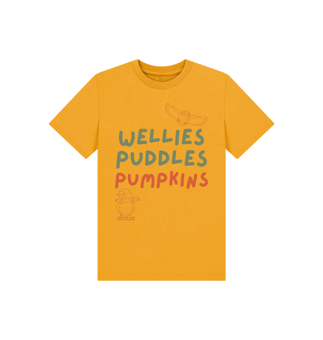 Great Oak Farm Mustard Wellies Puddles Pumpkins T-shirt