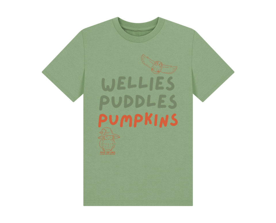 Great Oak Farm Sage Green wellies Puddles Pumpkins T-shirt